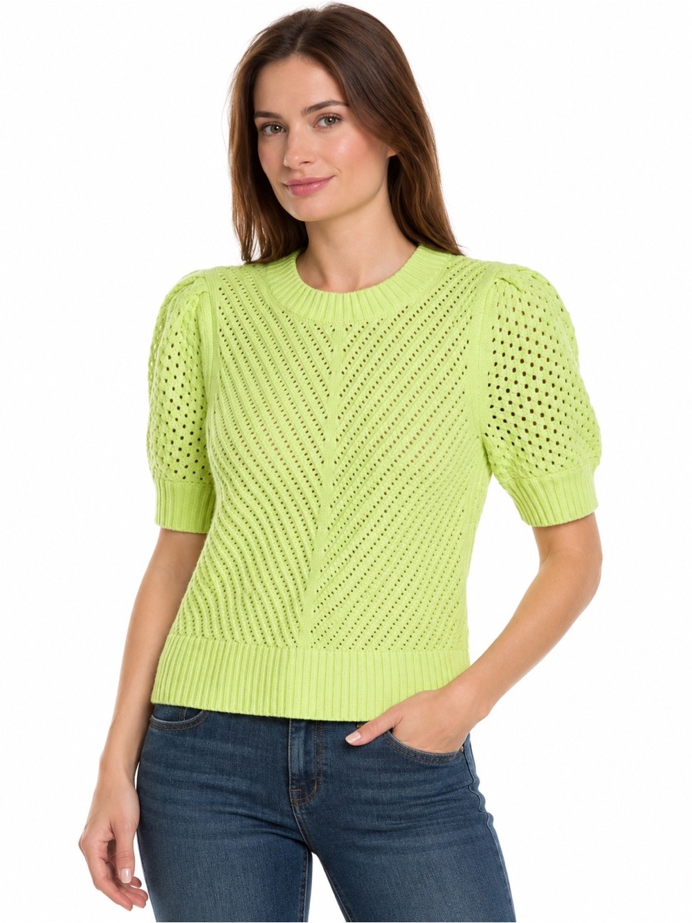 Cabi Beaming Sweater Size S Chartreuse Pointelle Puff Sleeve Cotton #6410